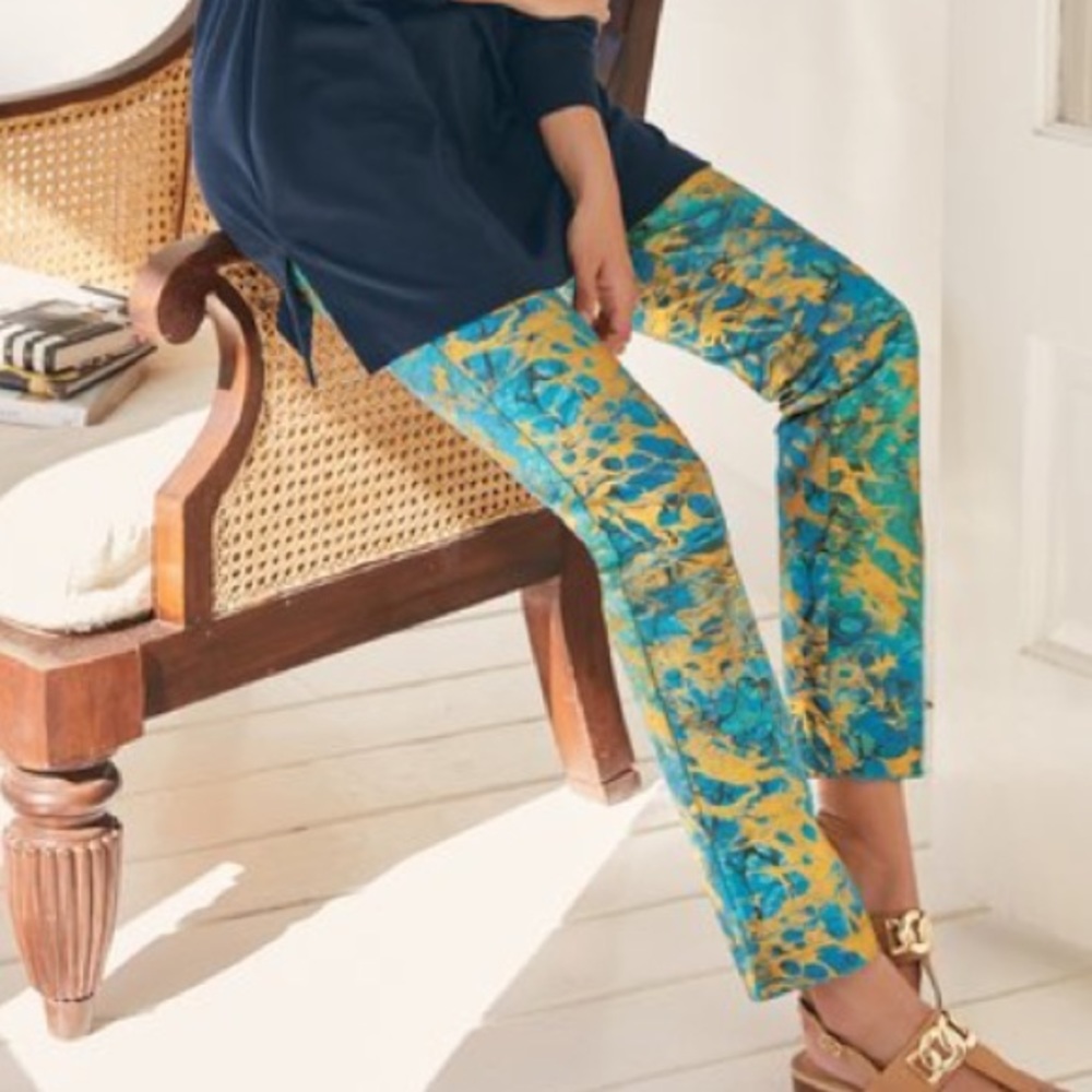 SOFT SURROUNDINGS Florentine Ankle Teal Gold Flakes Pull On Pants